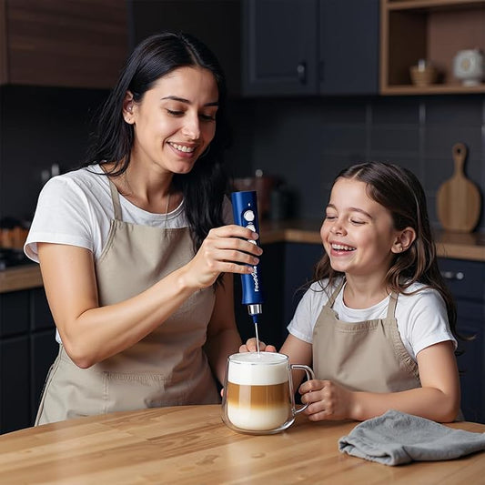 MF02 Rechargeable Milk Frother Handheld Foam Maker with Stainless Whisk for Cappuccino, Latte, Bulletproof Coffee, Keto Diet, Protein Powder, Matcha (Classic Blue)