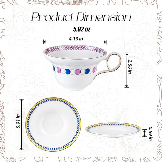 KAMMAK Ceramic Coffee Cups Saucers Set of 2, Porcelain Espresso Cups with Saucers, 5.92 oz Handmade Elegant Bone China Tea Cup, Ceramic Floral Pattern Demitasse for Latte, Americano, Cappuccino