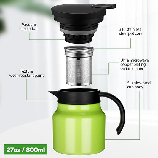 2 Pcs Thermal Coffee Carafe for Keeping Hot/Cold Stainless Steel Small Coffee Creamer Container Double Wall Vacuum Insulated Tea pot Beverage Dispenser for Milk Hot Chocolates (Green,27 oz)