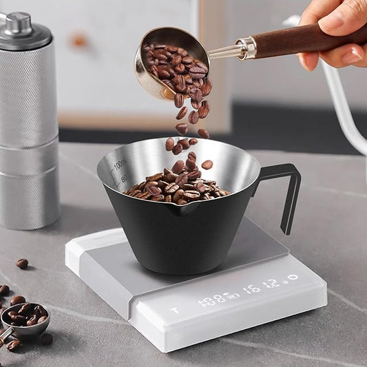 carrottimes 1Pc Stainless Steel Espresso Cups, Double Spout Metal Measuring Cup with Dual Scale, Espresso Shots Cup with Handle, Coffee Bean Weighing (Black), 3.4oz/100ml
