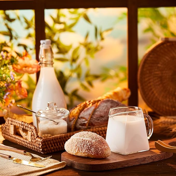 Leinuosen 2 Pcs Small Glass Creamer Pitcher with Spout Milk Frothing Pitcher Elegant Shaped Glass Coffee Tea Milk Creamer Jug Creative Milk Frother Cup (Mixed Style,350 ml)