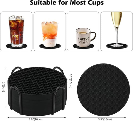 Silicone Coasters Set of 8 with Holder,Coasters for Drinks,Beer,Coffee Coasters,Suitable for Kinds Cups,Hot or Cold,Anti-SLI,Non-Stick,Anti-Overflow Tabletop Protection and Decor (8 Pcs, Black)