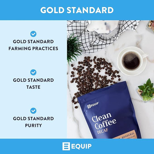 Equip Foods Decaf Clean Coffee | Gold Standard, Certified Organic, Fair Trade, Regenerative | Medium Roast, Whole Bean, Honduras | Caramel+Marshmallow+Milk Chocolate