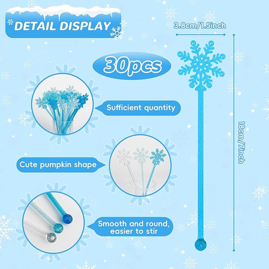 30 Pcs Snowflake Swizzle Sticks Coffee Frozen Stirrers Glitter Winter Stir Sticks Reusable Cocktail Drink for Hot Cocoa Chocolate Bar Supplies(Snowflake)