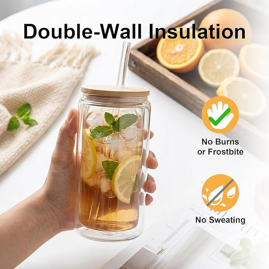 4 Pack Glass Cups with Lids and Straws 12 oz Double Wall Glass Tumbler Insulated Borosilicate Iced Glass Coffee Cups for Iced Coffee, Smoothies, Tea, Juice