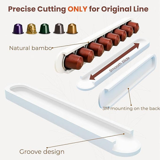Bamboo Coffee Pod Holder, Adhesive Wall Mount (No Drilling) for Cabinet Door, 36-Capsule Storage (Set of 4) — Vertical/Horizontal — Compatible with Nespresso Original Line-White