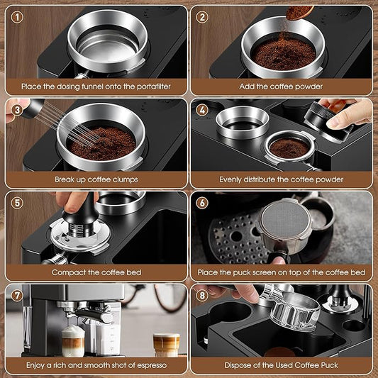 51mm Espresso Accessories Kit, Espresso Knock Box and Tamping Station, Coffee Tamper, Distributor, WDT Distribution Tool, Dosing Funnel and Puck Screen Set Fits Delonghi 51 mm Portafilter