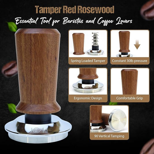 54mm Bottomless Naked Portafilter Red Rosewood Set – Compatible with 54mm Breville machines – Includes 18g Filter Basket, Calibrated Tamper with 30lbs Spring Loaded & 1.7mm Puck Screen