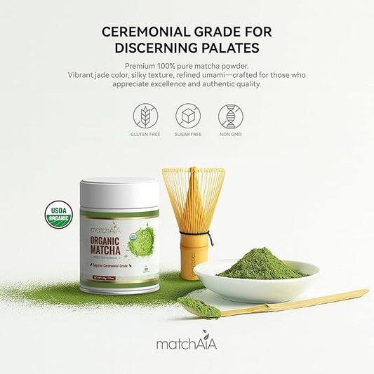 MatchAiA Organic Ceremonial Matcha Green Tea Powder - Superior Ceremonial Grade, First Spring Harvest, USDA Certified, 100% Pure - Sugar Free, Gluten Free (60g / 2.1oz Tin)