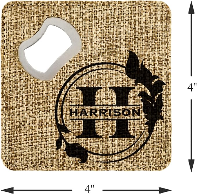 Smile Art Design Family Custom Monogram Coaster Bottle Opener Burlap Material Family Name and Date Personalized Prints Personalized Gifts House Warming Wedding Gift Rustic Decor Style1