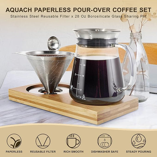 Aquach Pour Over Coffee Maker Set with Extra Large Coffee Dripper, 28 oz Glass Carafe, Stainlesss Steel Coffee Scoop and Bamboo Storage Tray, Unique Set for Home or Office