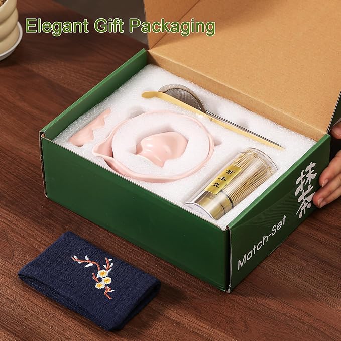 Matcha Whisk Set, 7 Pcs Matcha Kit Includes Ceramic Pink Matcha Bowl, Whisk and Holder, Bamboo Scoop, Scoop Stand, Sifter, and Tea Towel - Traditional Tea Ceremony Accessory Set for Matcha Lovers