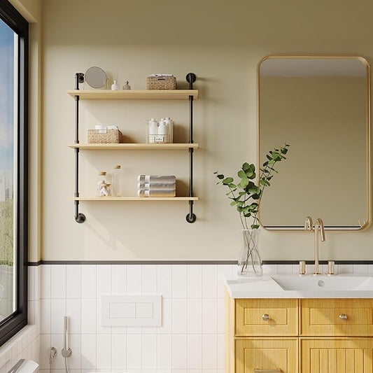 3-Tier Industrial Pipe Floating Shelf – Rustic 30 inch Wood Wall-Mounted Storage Shelf for Kitchen Office,Bathroom & Home Decor -White Oak