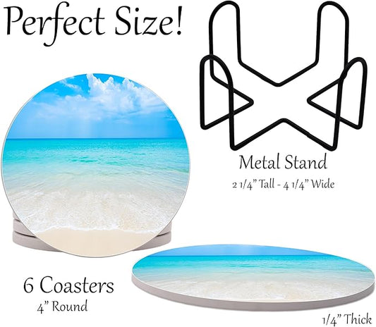 Ocean Coastal Theme Round Coasters Set of 6 - Abosrbent Ceramic Coasters with Metal Stand for Drinks, Beer, Coffee, Non-Slip Cork Back for Tabletop Protection, 4 Inches (Ocean)
