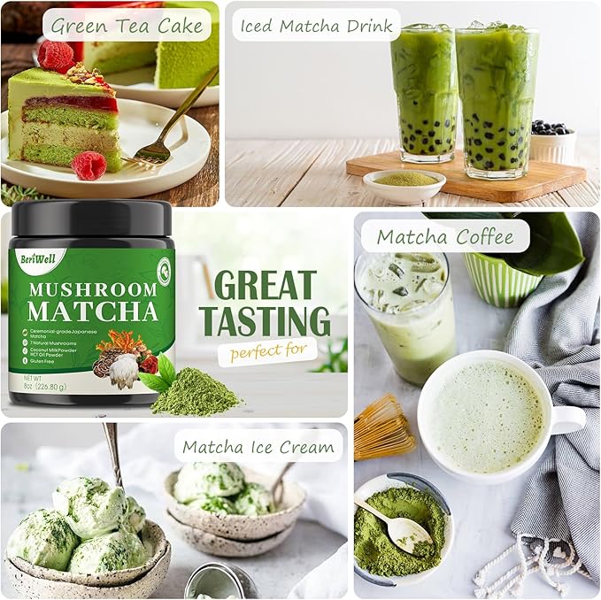 Mushroom Matcha Powder, Japanese Ceremonial Matcha Infused With 7 Superfood Mushrooms, MCT Oil, Coconut Milk Powder, Natural, Gluten Free, Taste Great Matcha Latter 8 Oz(45 Servings)