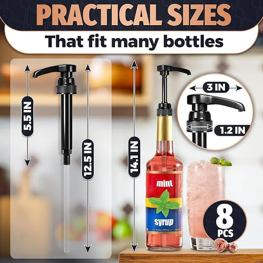 8 Pcs Pumps for Syrup Bottles Black - Coffee Syrup Pump Dispenser Set, 750ml Bottles with Food-Grade Plastic Adjustable Tube, 10ml per Pump - Easy Cleaning, Lockable Mechanism | for Syrups & Sauces