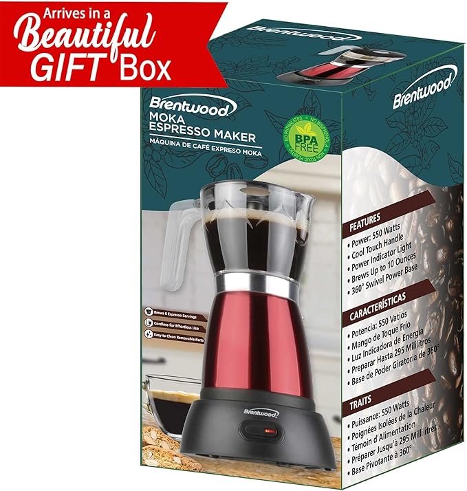 Brentwood TS-119R 550-Watt Cordless Electric Moka Pot Espresso Machine, 6-Servings (Red)