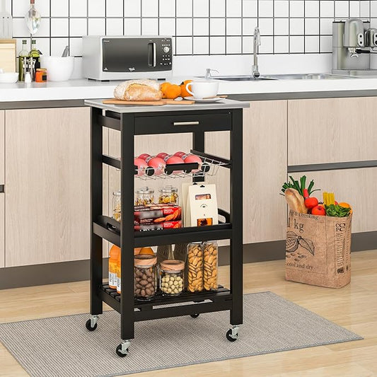 Giantex Kitchen Island Cart, Mobile Kitchen Storage Cart with Stainless Steel Tabletop, Drawer, Basket, Shelf, Serving Tray, Rolling Utility Trolley Cart on Wheels for Coffee Bar Dining Room, Black