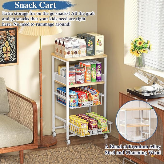 4 Tier Rolling Cart with Drawer Baskets, Metal Utility Storage Cart with Wheels and Wood Top for Living Room, Kitchen, Home Office, Bedroom, Pantry, Baby Essential, Craft, Snack, Makeup, White