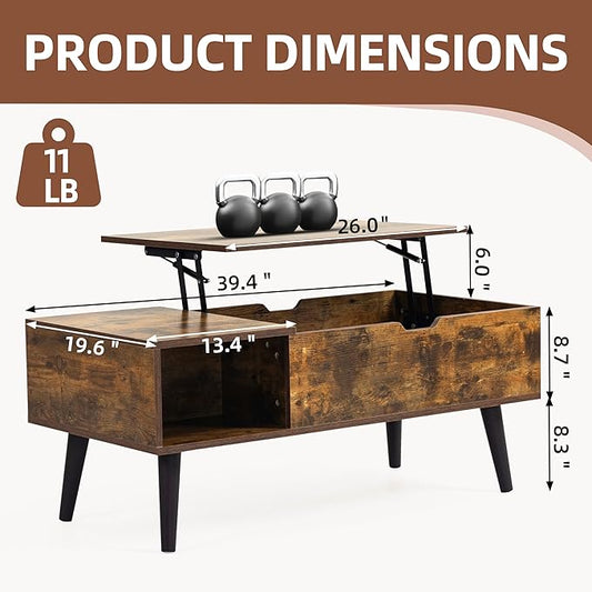 Finnhomy Lift Top Coffee Table with USB Type-C Charging Station, LED Lights and Power Outlet, 3-in-1 Multifunctional Table with Hidden Compartment and Large Storage, for Living Room Home Office, Brown