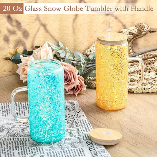 20 Oz Glass Snow Globe Tumbler with Handle, 4 Pack Pre-Drilled Double Wall Snowglobe Cup Coffee Mug for DIY Glitter Snow Globe, Outside 20 Oz Inside 16 Oz