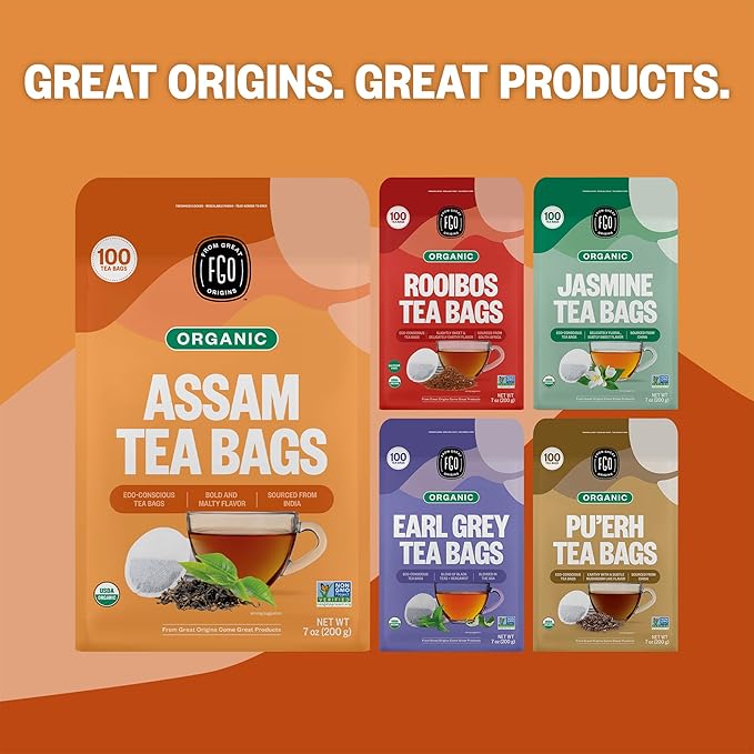 FGO Organic Assam Tea, 100 Count, Eco-Conscious Black Tea Bags, Resealable Bag, Packaging May Vary (Pack of 1)