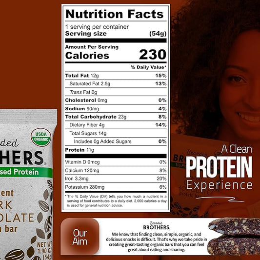 Bearded Brothers Organic Protein Bars, Dark Chocolate (10 Pack) - 11g of Plant Based Protein Gluten Free Vegan, Non-GMO Healthy Snacks for Adults Good Source of Fiber