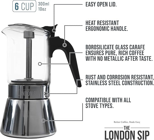 The London Sip Glass and Stainless Steel Stovetop Espresso Maker Moka Pot Italian Coffee Percolator, Glass, Medium (10.14 oz)