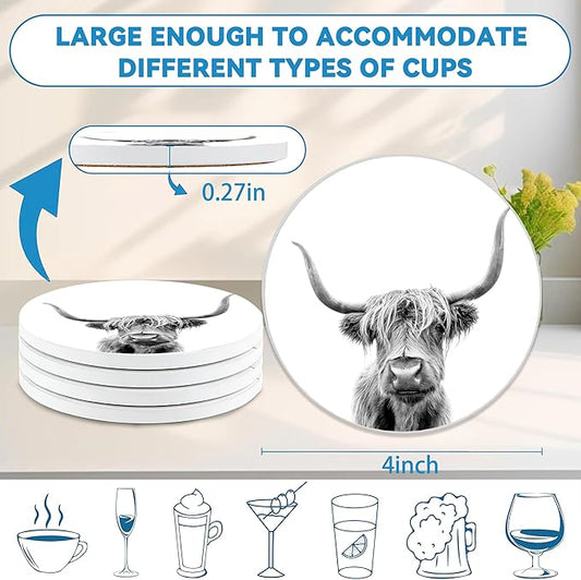 Highland Cow Coasters Set of 4, Absorbent Ceramic Drink Coasters with Cork Backing, Western Theme Coasters for Table Home Décor, Ideal Gifts for Women Men