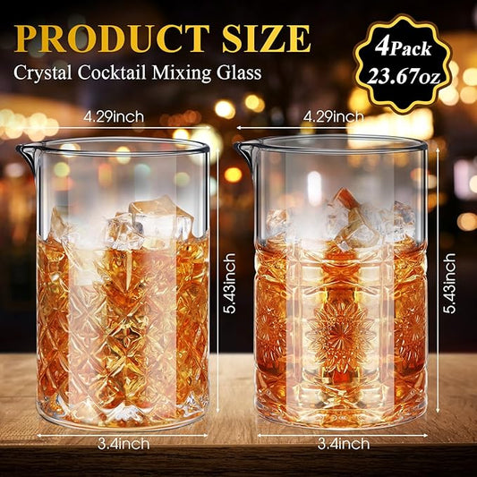 Inbagi 4 Pcs Cocktail Mixing Glass 23.67 oz Cocktail Shakers Stirring Glass Thick Bottom Crystal Glasses Stable Mixing Cups for Drinks Bartender Home Bar Accessories Tools