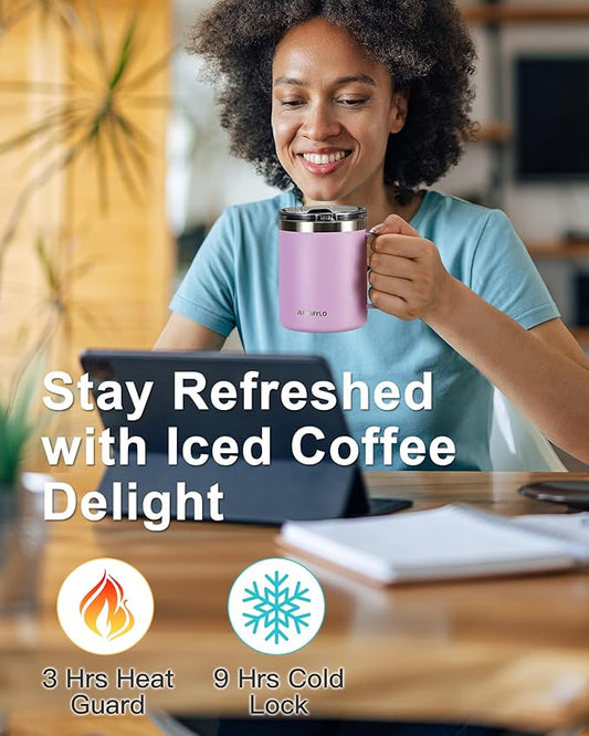 Insulated Coffee Mug 12 oz, Double Wall Stainless Steel Coffee Mug with Lids, Leak-Proof & Detachable Slider Lid for Thorough Clean, Keeps Coffee Cold for 9 Hrs, Suitable for Camp Home Office