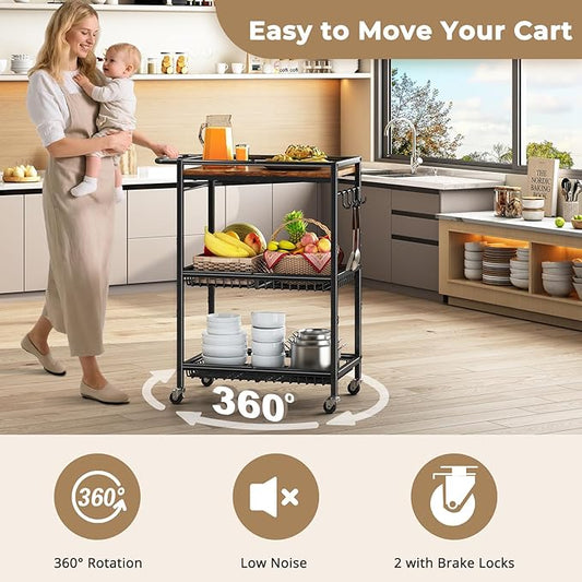 Microwave Kitchen Cart with Push Handle, 3 Tier Rolling Cart with 2 Lockable Wheels, Vintage Kitchen Storage Cart with 210Lbs Capacity for Kitchen Island, Restaurant, Coffee Bar, Living Room, Office
