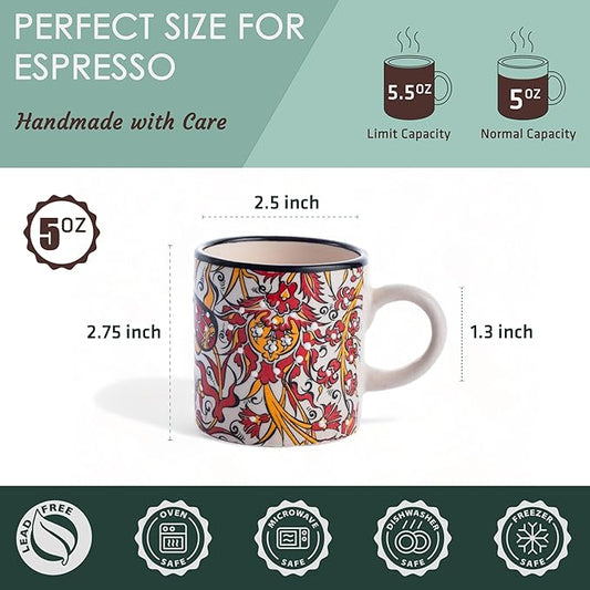 Ceramic Espresso Cups, 5 Oz Espresso Cups Set of 4, Handmade Espresso Cup, 2.75 Inch Espresso Mugs, Multicolor Demitasse Cups, Microwave & Dishwasher Safe Espresso Mugs, Coffe Mug (IZNIK CARNATION)