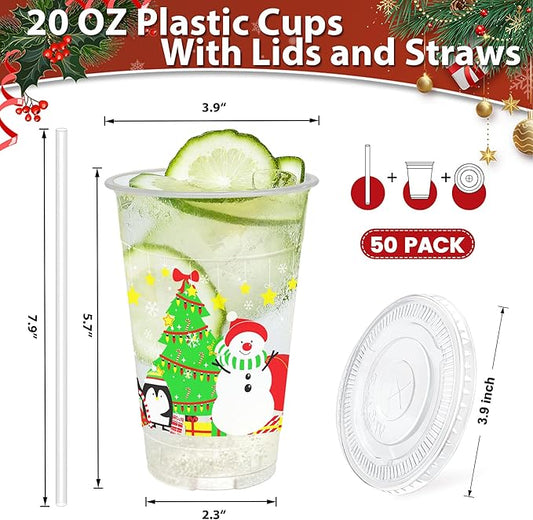 Clawsoff Christmas 20 OZ 50 Pack Plastic Cups with Lids and Straws, Sturdy Food Safe Iced Clear Coffee Cups Disposable Smoothie Cups for Cold Drinks