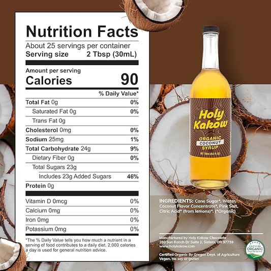 Holy Kakow Cafe Organic Coconut Syrup - Coconut Coffee Syrup, Organic Syrup for Coffee, Latte, Cocktail and Shake, Real Food Ingredients - 750ml