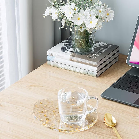 Acrylic Coaster Decorative Plates,2Pcs/Set Office Desk Accessories, Clear Dinosaur Egg Shape Coffee Cup Decor, Perfect for Tabletop Protection and Display.(Gold)