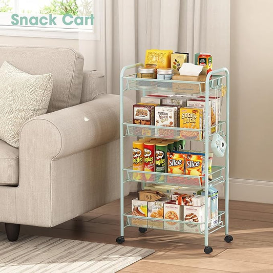 TOOLF 4-Tier Rolling Cart, Metal Utility Cart with 3 Hooks, Easy Assemble Mobile Storage Trolley On Wheels, Metal Shelving Units Kitchen Bathroom Laundry Room