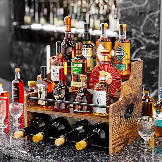 KLM 4-Tier Wood Display Shelf, Black Modern Bottle Organizer, Countertop Bar Stand for Liquor, Coffee Syrup, (Brown)