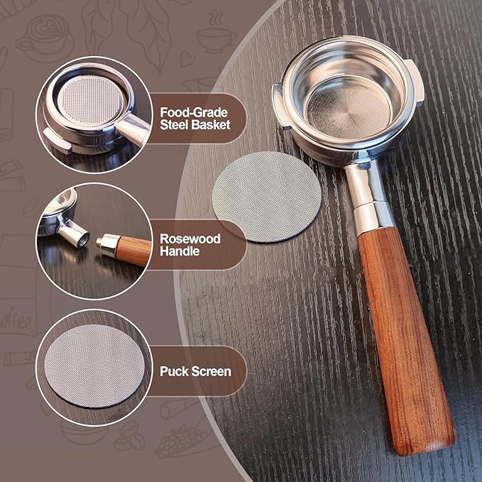 58 mm Bottomless Portafilter with Puck Screen 2 Ears Espresso Portafilter Compatible with E61 Group Head Espresso Machines,Flair 58,ECM,Rocket,Sanremo,Stainless Steel and Rosewood Handle