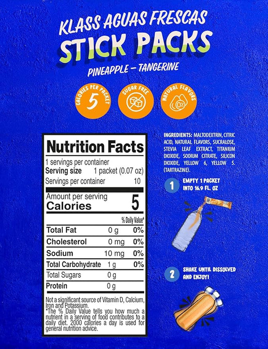 Klass Aguas Frescas, Powdered Drink Mix Variety Pack, 40 Singles Zero Sugar & Caffeine-Free Powder Packets, Water Drink Mix, Flavor: Pineapple Tangerine- 5 Calories Per Packet & Natural Flavors