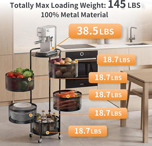 JAQ Rotating Fruit Basket, 5-Tier Metal Sturdy Kitchen Storage Rack Shelf Carts No Assembly on Rolling Wheels for Fruit Vegetable Grocery Corns Potato Onion (5-Tier, Black)