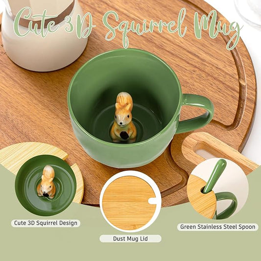 Squirrel Gifts for Women Men Cute Squirrel Ceramic Mug Hidden 3D Animal Inside Unqiue Coffee Mug Tea Cup with Lid Spoon Cool Stuff Home Decor Christmas Birthday Gifts for Her Friends Sisters Besties
