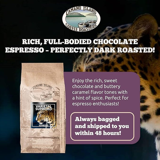 Camano Island Coffee Roasters Varietal Supremo Espresso Blend, Ground 1lb, Fresh Dark Roast, USDA Organic, Fairly Traded, Shade Grown Arabica, Chocolate, Caramel, Hint of Spice Flavor Profile