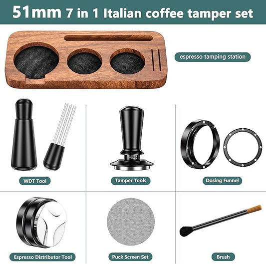 7 Pack Espresso Accessories Kit,51mm Espresso Tool Kit | Espresso Tamping Station | Coffee Distributor Tamper | WDT Tool | Dosing Funnel | Expresso Puck Screen | Christmas Gift for Espresso Lovers