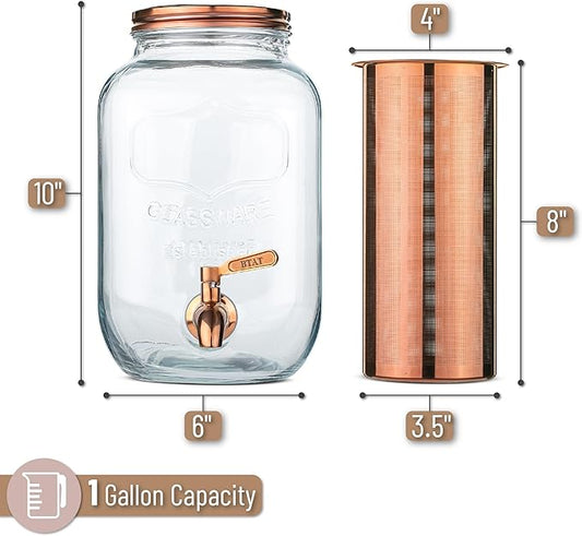 BTaT- 1 Gallon Cold Brew Coffee Maker, Thick Glass Pitcher with Stainless Steel Filter, Lid & Spigot, Iced Coffee & Sun Tea Brewer, Large Mason Jar Cold Brew Container, Fast Iced Tea Maker for Fridge