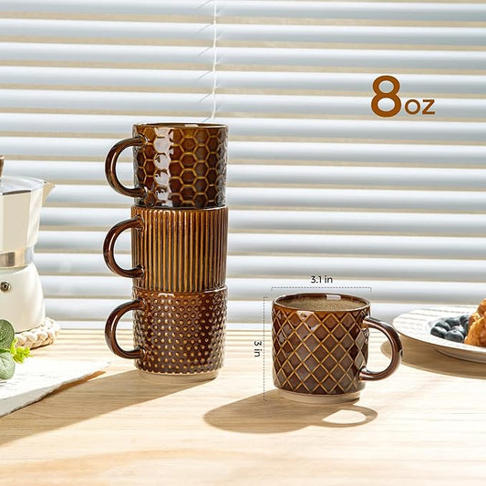 GBhome 8 OZ Stackable Coffee Mugs, Ceramic Coffee Mugs with Texture Patterns for Man,Woman,Dad,Mom, Modern Coffee Cups Set of 4 for Espresso/Cappuccino. Dishwasher&Microwave Safe,