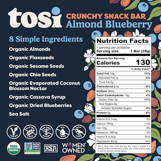 Tosi Nut Bars, Almond Blueberry, Healthy Snacks for Adults & Kids, Plant Based Crunchy Bars (6G Protein), Organic Keto Snacks, Vegan, Gluten & Soy Free, Low Sugar, Omega 3s, 1oz, 12-Pack