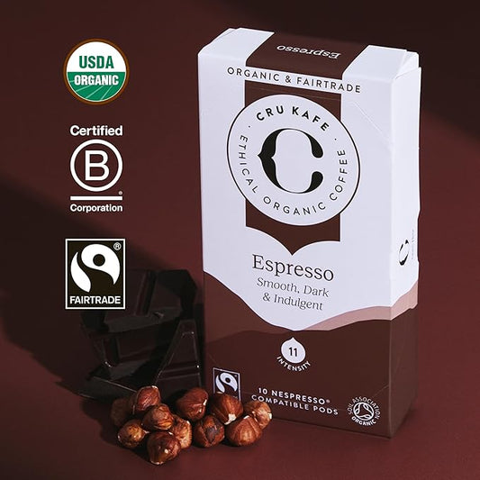 Cru Kafe Strong Espresso USDA Organic Espresso Coffee Capsules (50 Pods) Fairtrade Coffee Pods Compatible with Nespresso Original Line and Pixie Machines