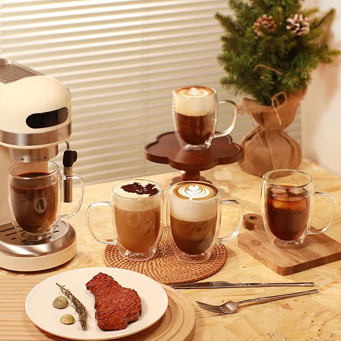 CNGLASS 12oz Double Walled Glass Coffee Mugs,Insulated Glass Mugs with Handle,Clear Espresso Cups for Latte,Cappuccino,Tea Bag,Set of 2