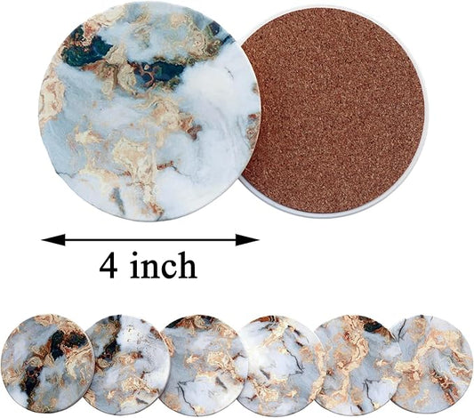 White Marble Ceramic Coasters with Holder Absorbent Drink Coaster Set Outdoor Round Abstract Cute Table Decorative Coffee Cup Beverage Fun Wine Beer Bar Gold Housewarming 6 Pack